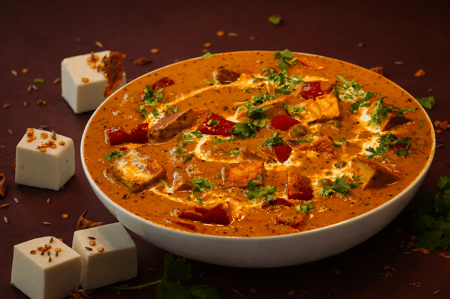 Punjabi-style vegetarian mains plated for a catering event