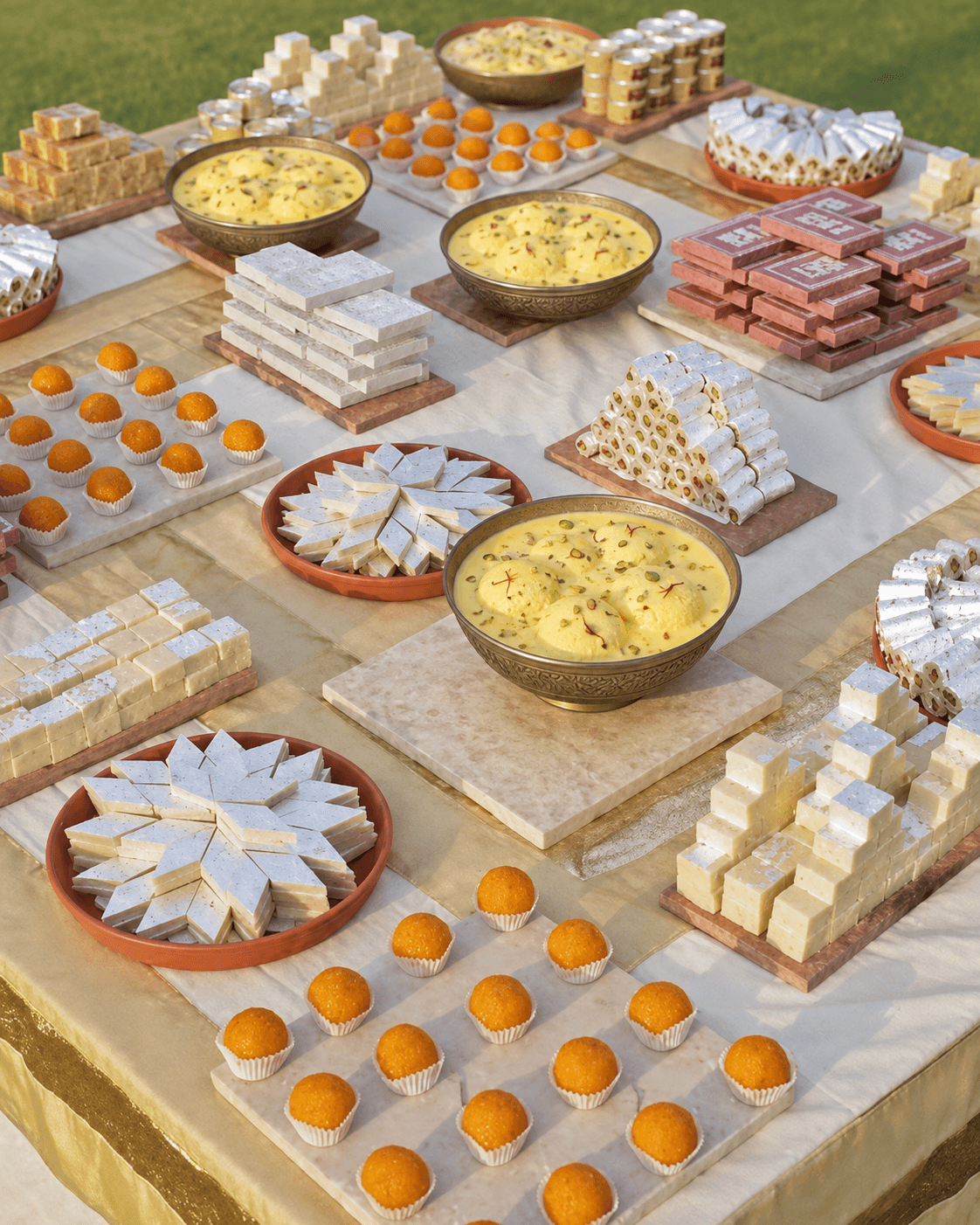 A selection of Indian mithai and sweets arranged for a celebration