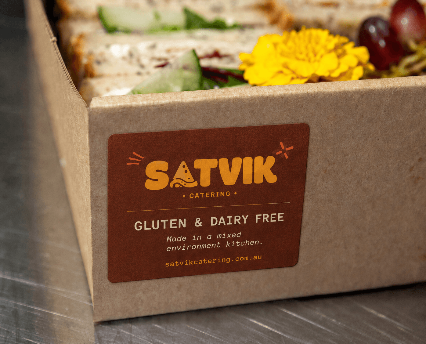 A vegetarian, vegan and Jain-friendly spread clearly labelled for a corporate order